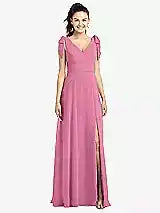 Bow-Shoulder V-Back Chiffon Gown with Front Slit in Orchid Pink