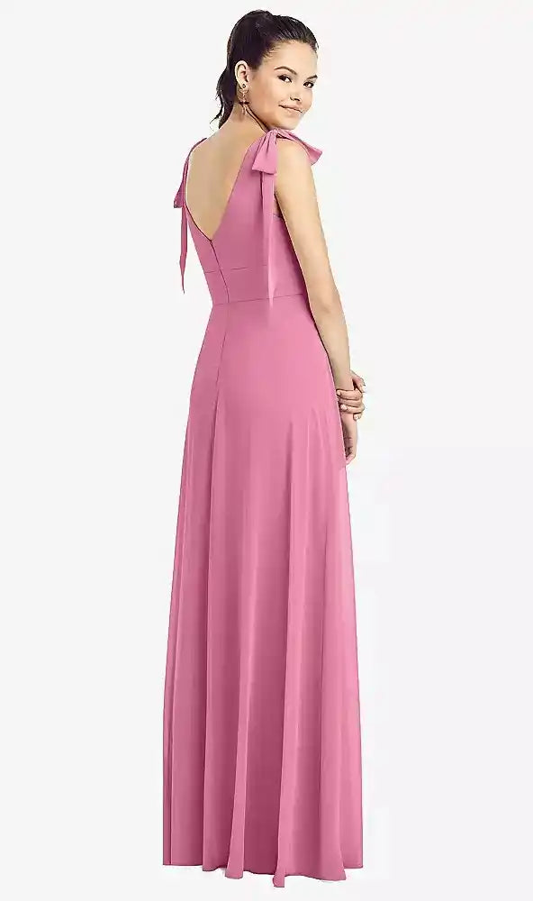Bow-Shoulder V-Back Chiffon Gown with Front Slit in Orchid Pink