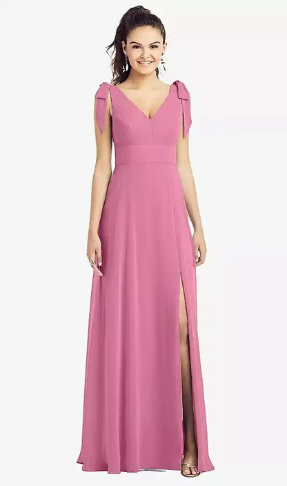 Bow-Shoulder V-Back Chiffon Gown with Front Slit in Orchid Pink