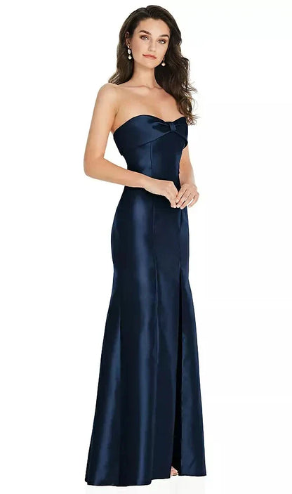 Bow Cuff Strapless Princess Waist Trumpet Gown in Midnight Navy