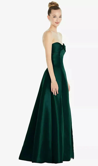Bow Cuff Strapless Satin Ball Gown with Pockets in Evergreen