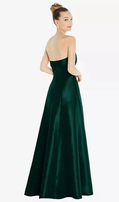 Bow Cuff Strapless Satin Ball Gown with Pockets in Evergreen