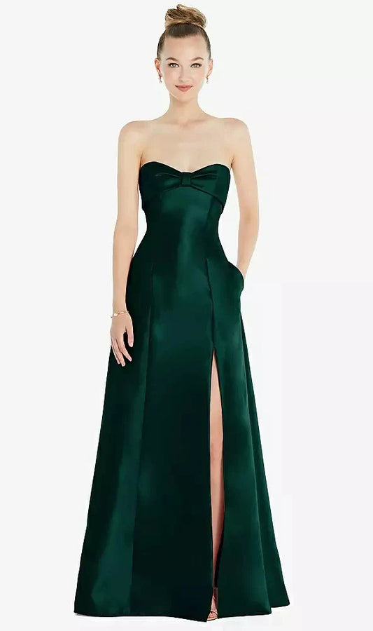 Bow Cuff Strapless Satin Ball Gown with Pockets in Evergreen
