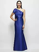 Bow One-Shoulder Satin Maxi Dress with Trumpet Skirt in Cobalt Blue