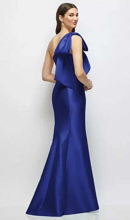 Bow One-Shoulder Satin Maxi Dress with Trumpet Skirt in Cobalt Blue