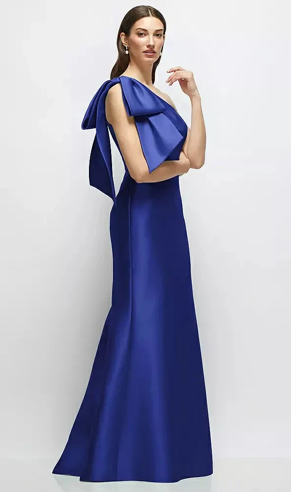 Bow One-Shoulder Satin Maxi Dress with Trumpet Skirt in Cobalt Blue