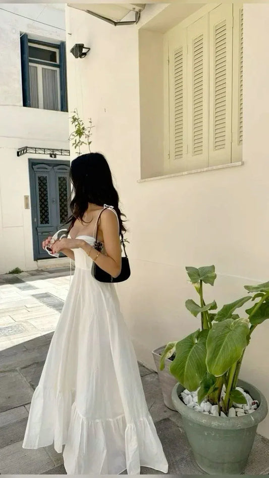 Breezy A-Line Spaghetti-Strap Ruched Cotton White Floor-Length Evening Dress for Women