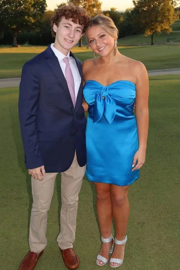 Bright Blue Strapless Bow Front Satin Bodycon Short Homecoming Dress
