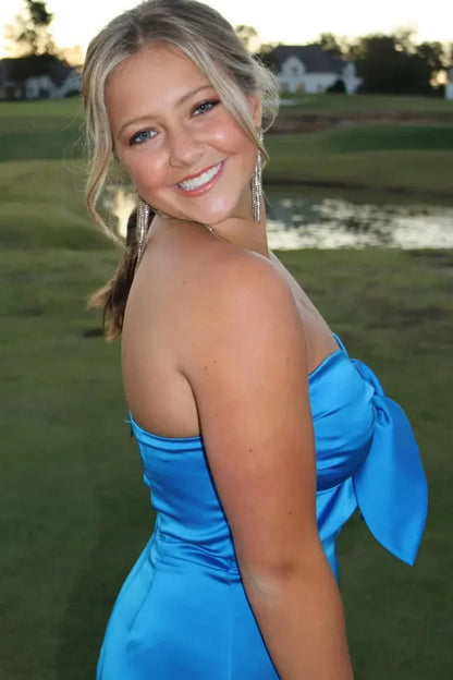 Bright Blue Strapless Bow Front Satin Bodycon Short Homecoming Dress