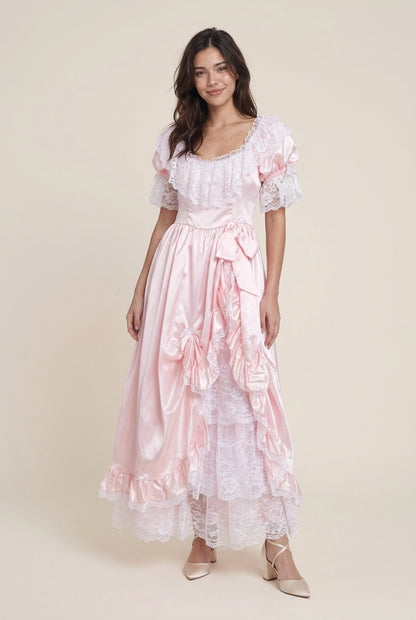 Budget Romantic A-Line Round Neck Ruffled Lace Satin Pink High-Low Prom Dress