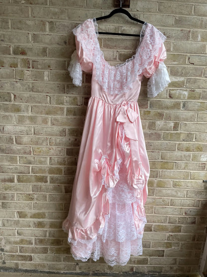 Budget Romantic A-Line Round Neck Ruffled Lace Satin Pink High-Low Prom Dress