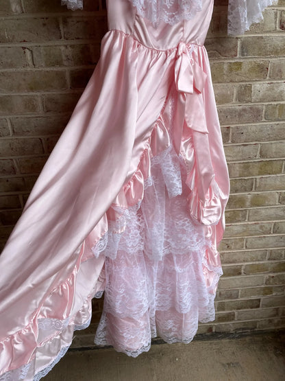 Budget Romantic A-Line Round Neck Ruffled Lace Satin Pink High-Low Prom Dress