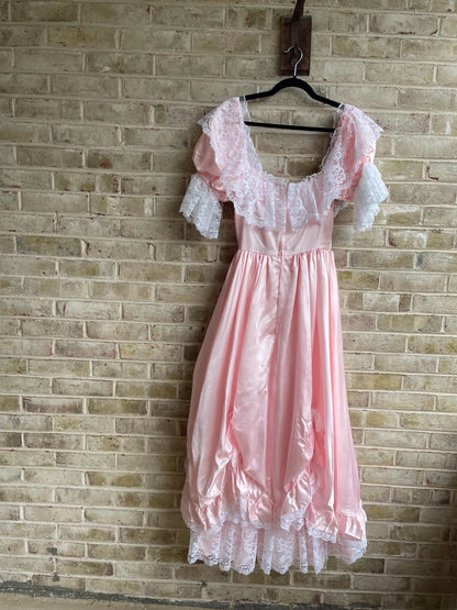 Budget Romantic A-Line Round Neck Ruffled Lace Satin Pink High-Low Prom Dress