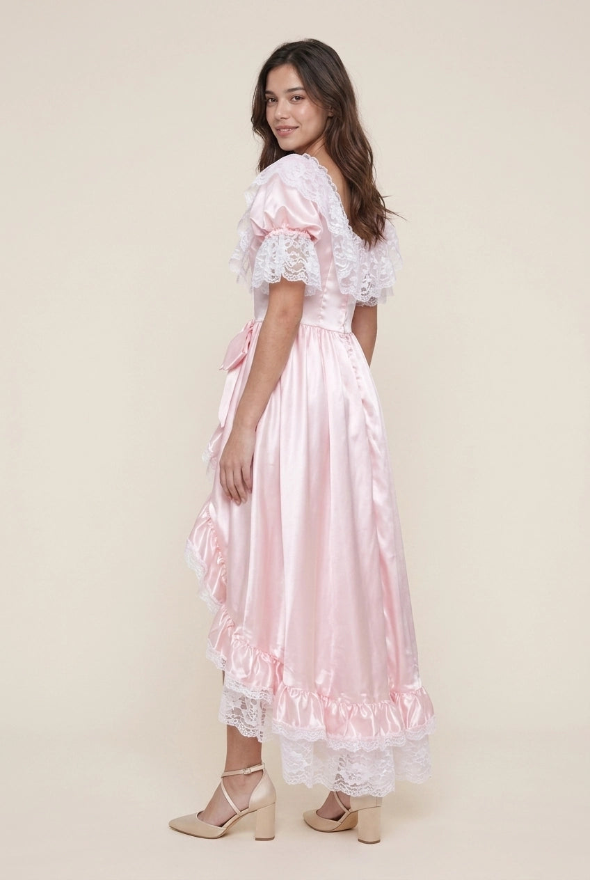 Budget Romantic A-Line Round Neck Ruffled Lace Satin Pink High-Low Prom Dress