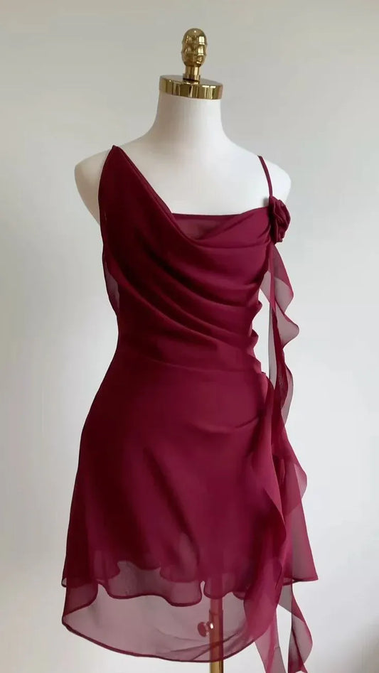 Burgundy Asymmetrical Spaghetti Strap Cross Back Chiffon Ruffle Mini Cocktail Dress