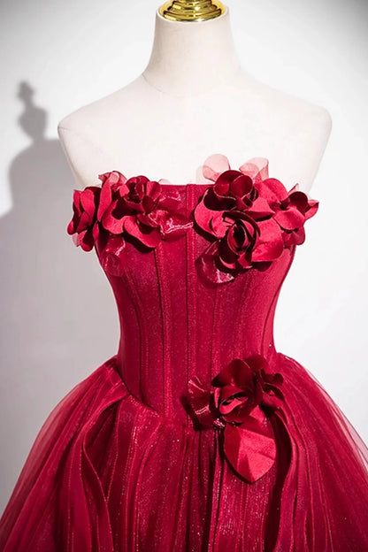 Burgundy Layer Tulle Layer Long Prom Dress A-Line Strapless Evening Party Dress