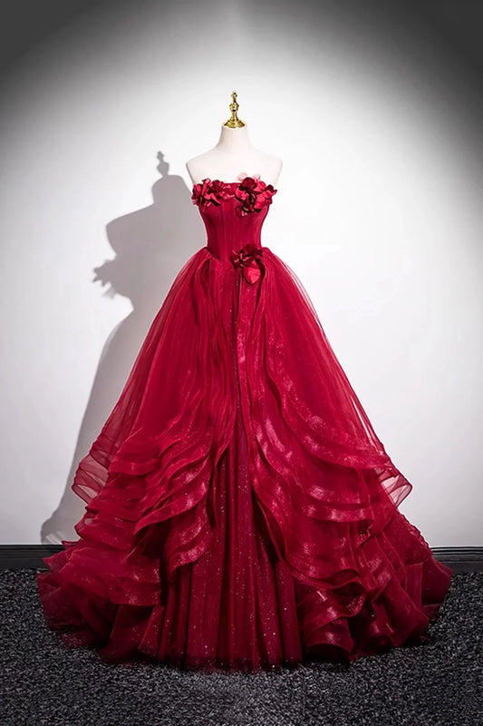Burgundy Layer Tulle Layer Long Prom Dress A-Line Strapless Evening Party Dress