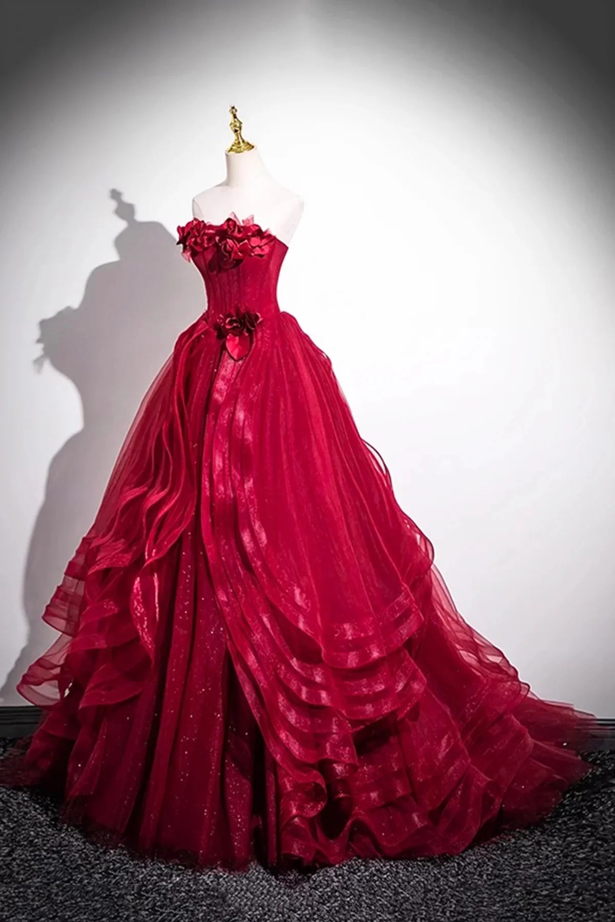 Burgundy Layer Tulle Layer Long Prom Dress A-Line Strapless Evening Party Dress