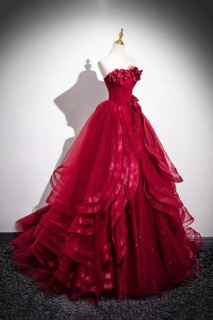 Burgundy Layer Tulle Layer Long Prom Dress A-Line Strapless Evening Party Dress