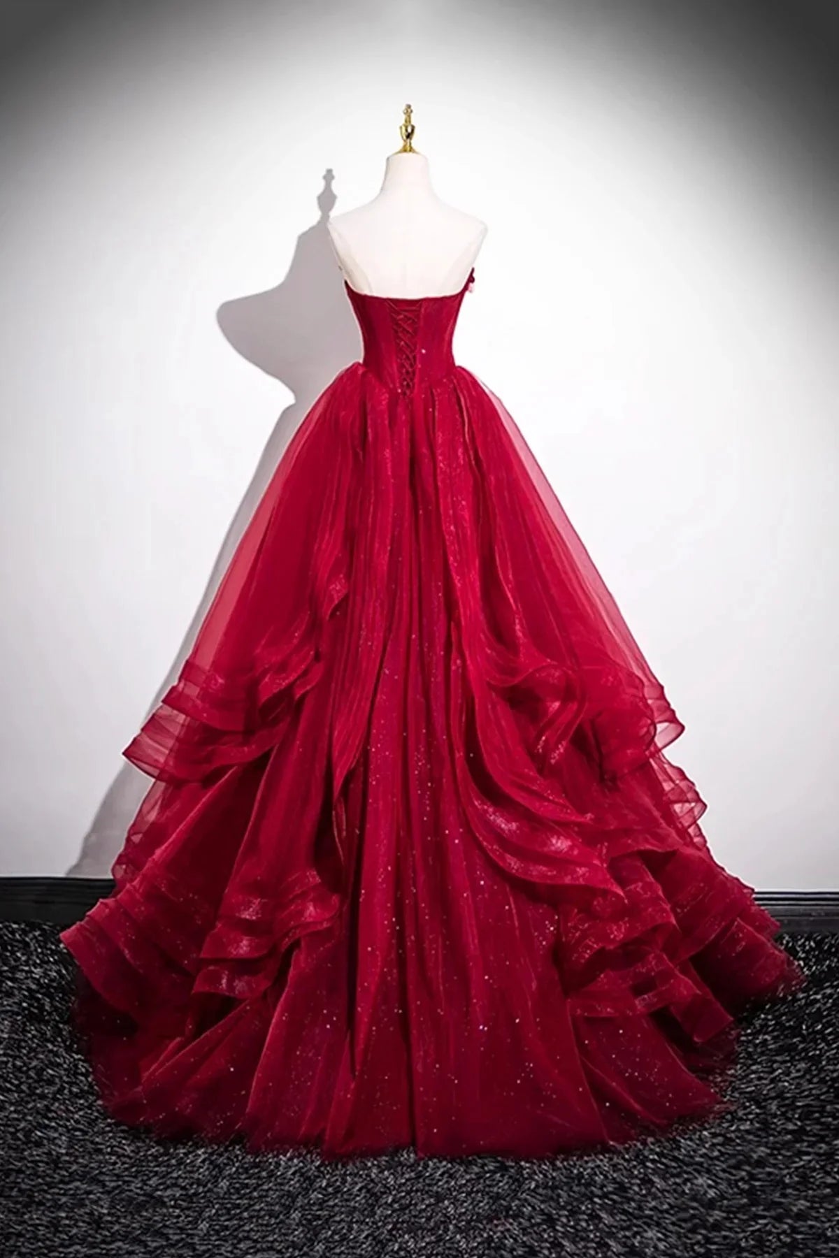 Burgundy Layer Tulle Layer Long Prom Dress A-Line Strapless Evening Party Dress