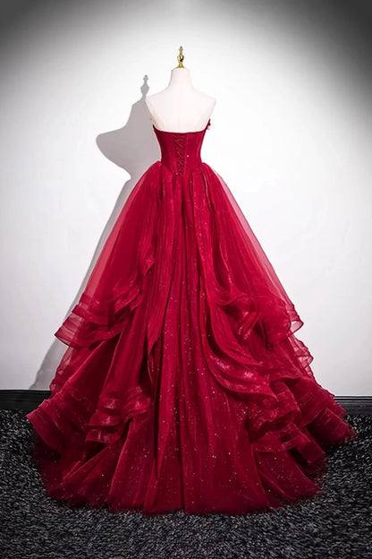 Burgundy Layer Tulle Layer Long Prom Dress A-Line Strapless Evening Party Dress