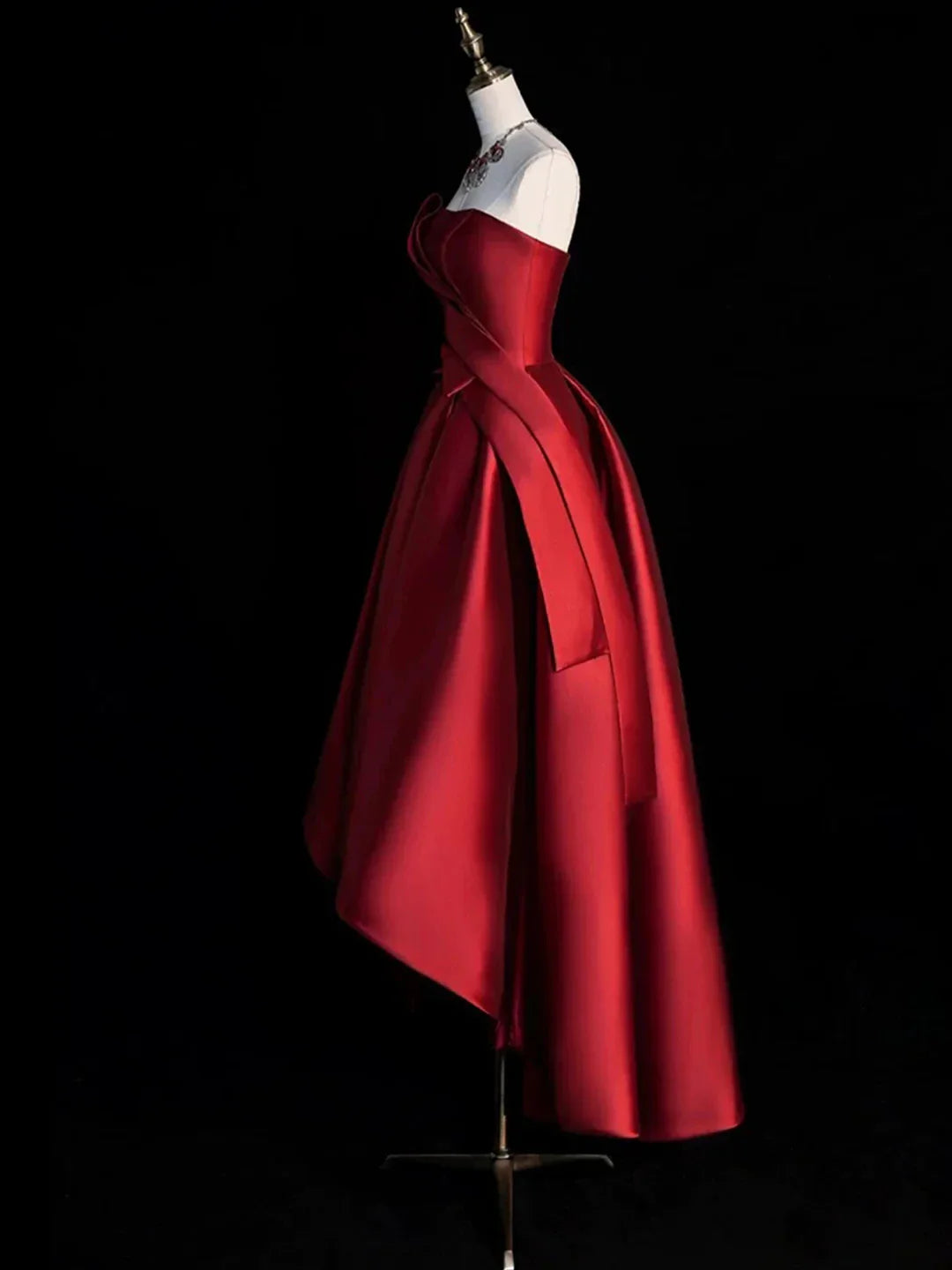 Burgundy Satin Hight Low Prom Dress Lovely A-Line Strapless Party Dress