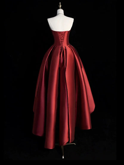 Burgundy Satin Hight Low Prom Dress Lovely A-Line Strapless Party Dress