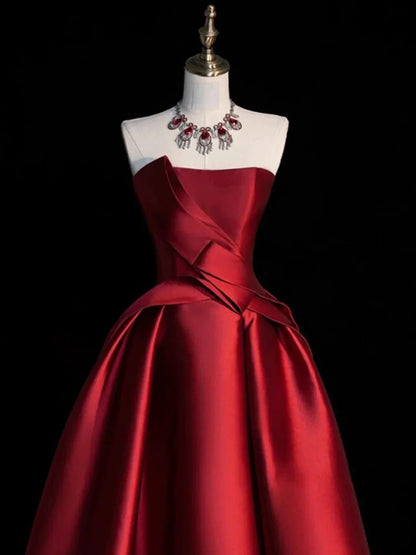 Burgundy Satin Hight Low Prom Dress Lovely A-Line Strapless Party Dress