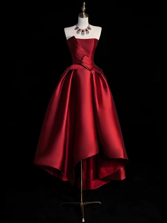 Burgundy Satin Hight Low Prom Dress Lovely A-Line Strapless Party Dress