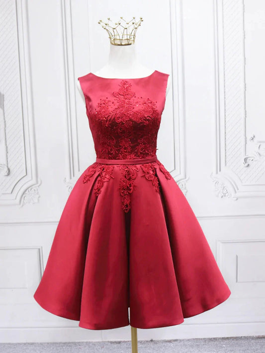 Burgundy Satin Lace Short Prom Dress A-Line Homecoming Dress