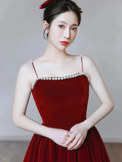 Burgundy Spaghetti Strap Velvet Tea Length Prom Dress with with Pearls