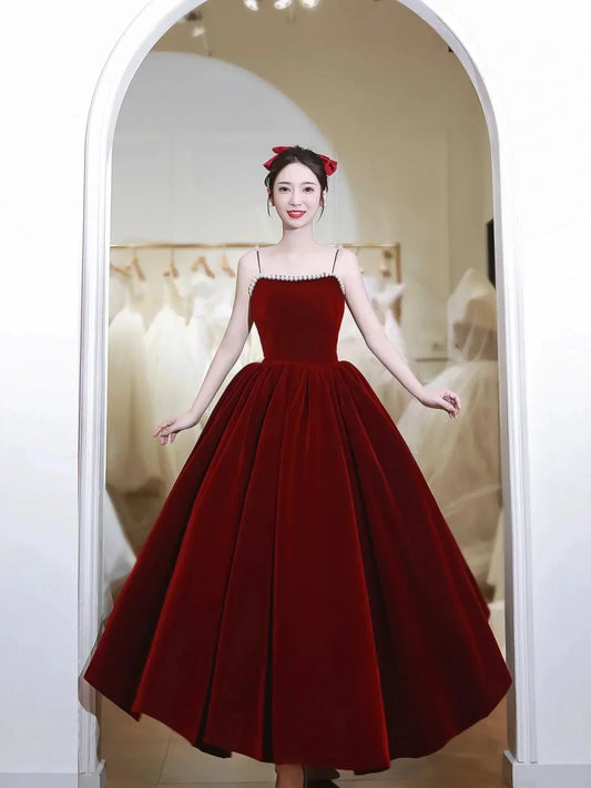 Burgundy Spaghetti Strap Velvet Tea Length Prom Dress with with Pearls
