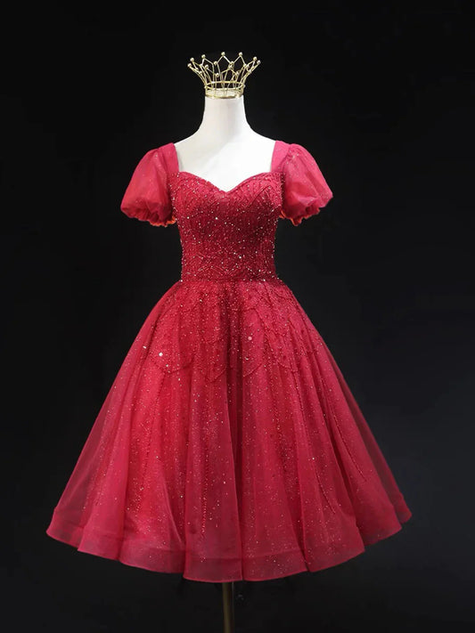 Burgundy Tulle Beaded Knee Length Party Dress A-Line Short Sleeve Evening Party Dress