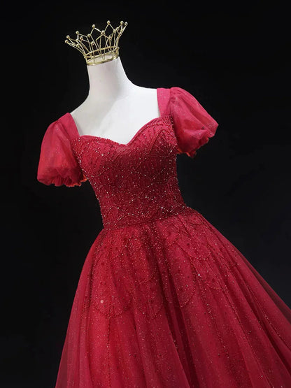 Burgundy Tulle Beaded Knee Length Party Dress A-Line Short Sleeve Evening Party Dress