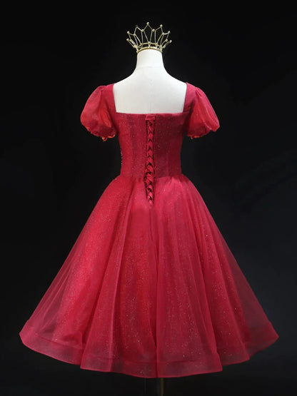 Burgundy Tulle Beaded Knee Length Party Dress A-Line Short Sleeve Evening Party Dress