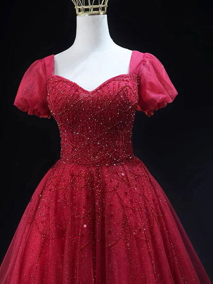 Burgundy Tulle Beaded Knee Length Party Dress A-Line Short Sleeve Evening Party Dress