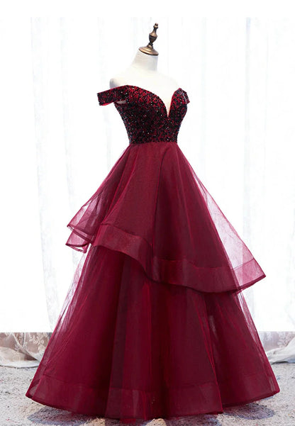 Burgundy Tulle Long A-Line Prom Dresses Off the Shoulder Evening Dresses