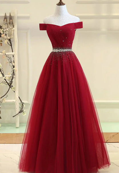 Burgundy Tulle Long A-Line Prom Dresses Off the Shoulder Evening Dresses