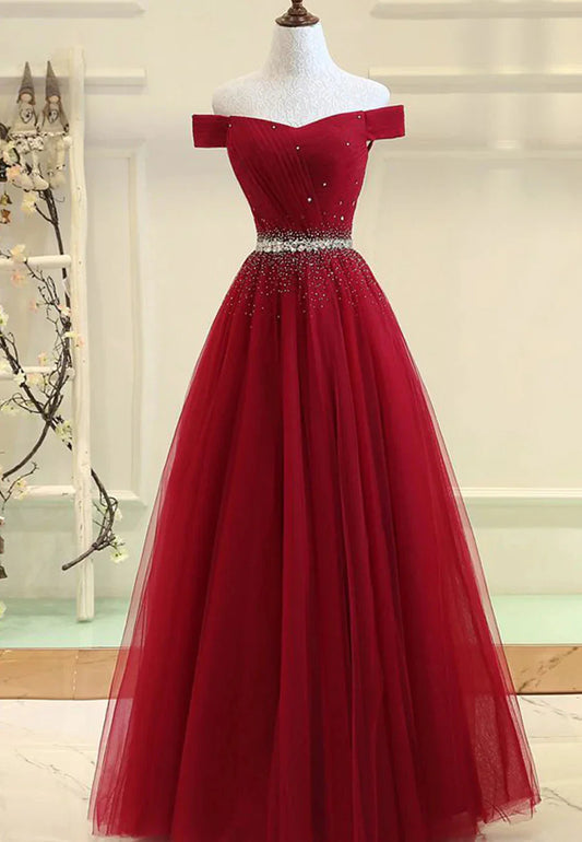 Burgundy Tulle Long A-Line Prom Dresses Off the Shoulder Evening Dresses