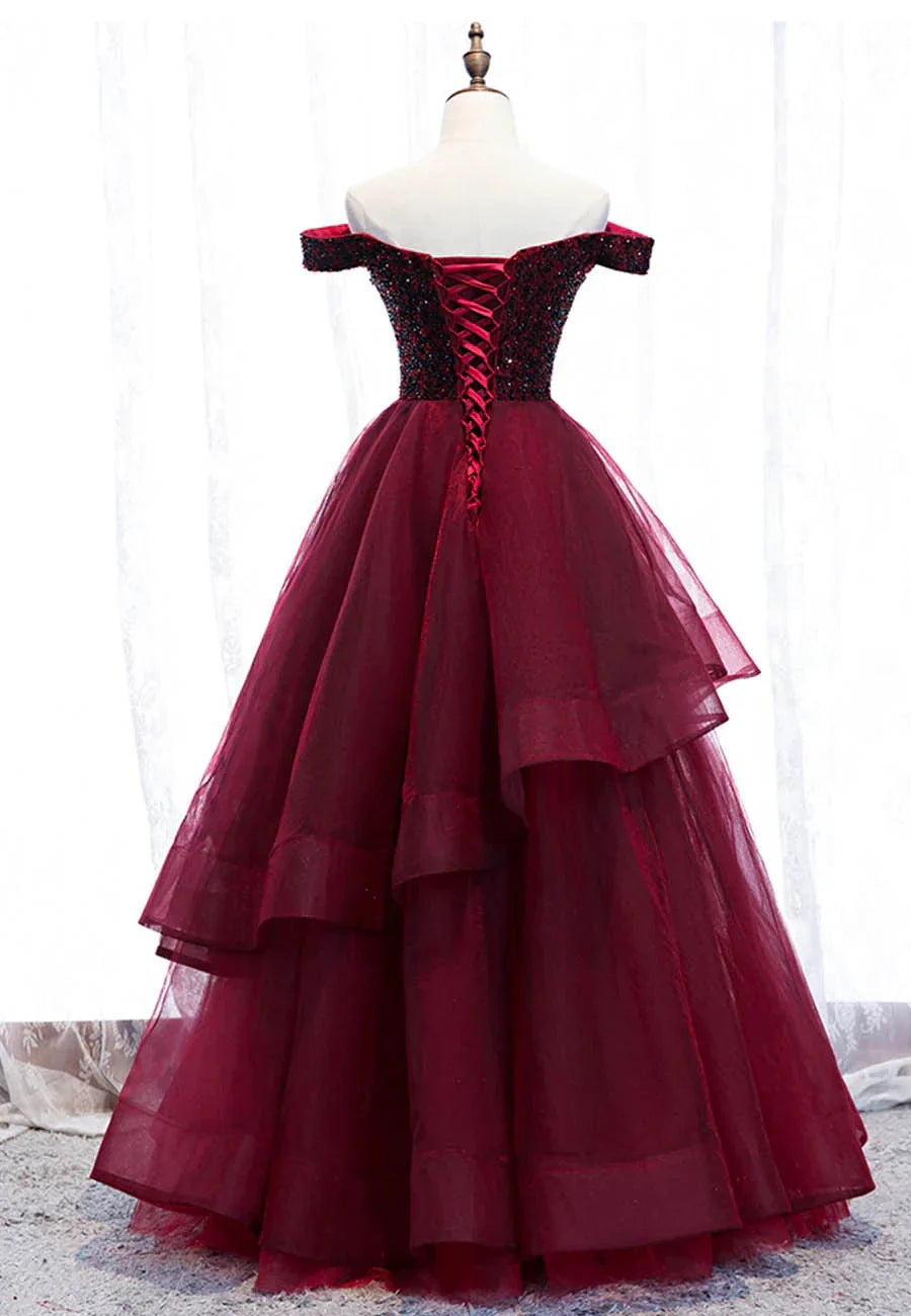 Burgundy Tulle Long A-Line Prom Dresses Off the Shoulder Evening Dresses