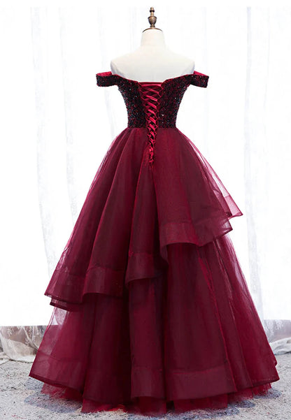 Burgundy Tulle Long A-Line Prom Dresses Off the Shoulder Evening Dresses