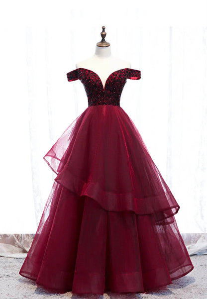 Burgundy Tulle Long A-Line Prom Dresses Off the Shoulder Evening Dresses