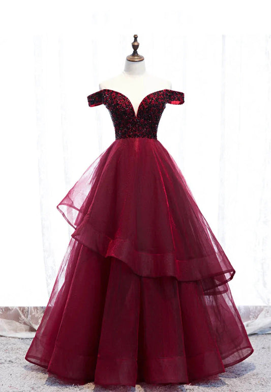 Burgundy Tulle Long A-Line Prom Dresses Off the Shoulder Evening Dresses