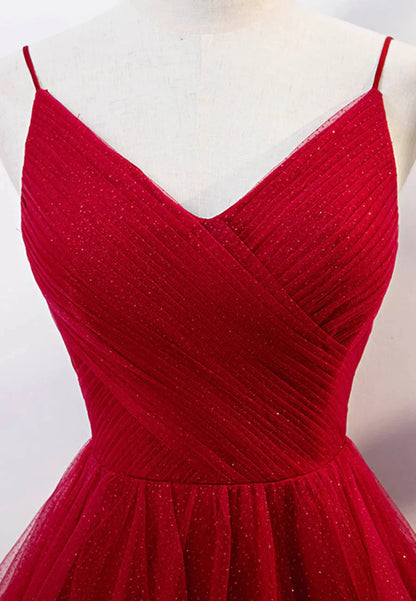 Burgundy Tulle Long Prom Dresses V-Neck Evening Dress