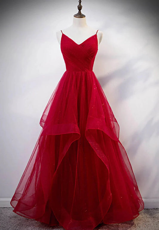 Burgundy Tulle Long Prom Dresses V-Neck Evening Dress
