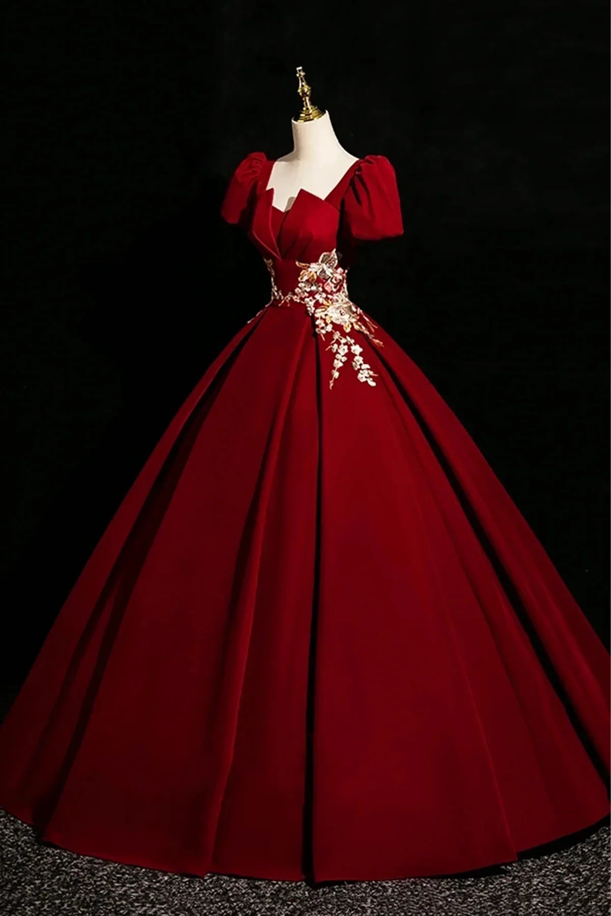 Burgundy Velvet Lace Long Prom Dress A-Line Short Sleeve Evening Party Dress