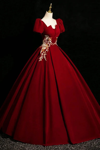 Burgundy Velvet Lace Long Prom Dress A-Line Short Sleeve Evening Party Dress