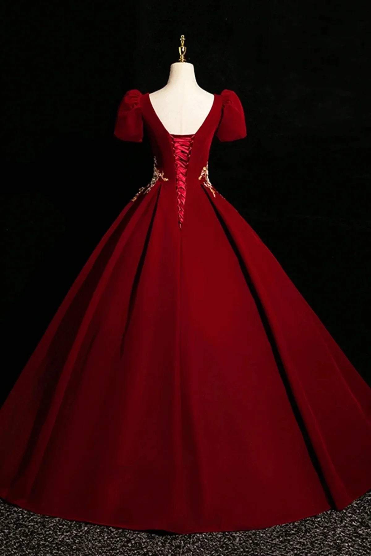 Burgundy Velvet Lace Long Prom Dress A-Line Short Sleeve Evening Party Dress