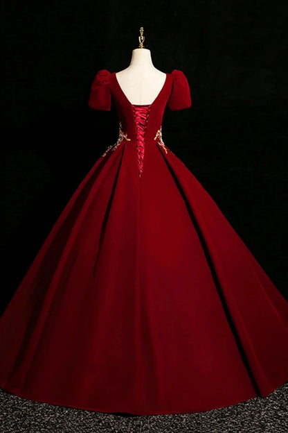 Burgundy Velvet Lace Long Prom Dress A-Line Short Sleeve Evening Party Dress