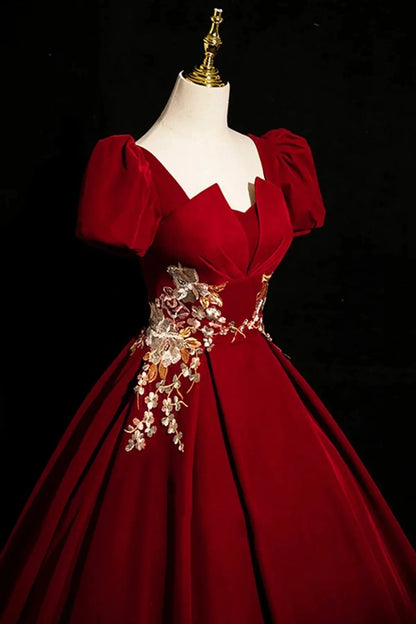 Burgundy Velvet Lace Long Prom Dress A-Line Short Sleeve Evening Party Dress